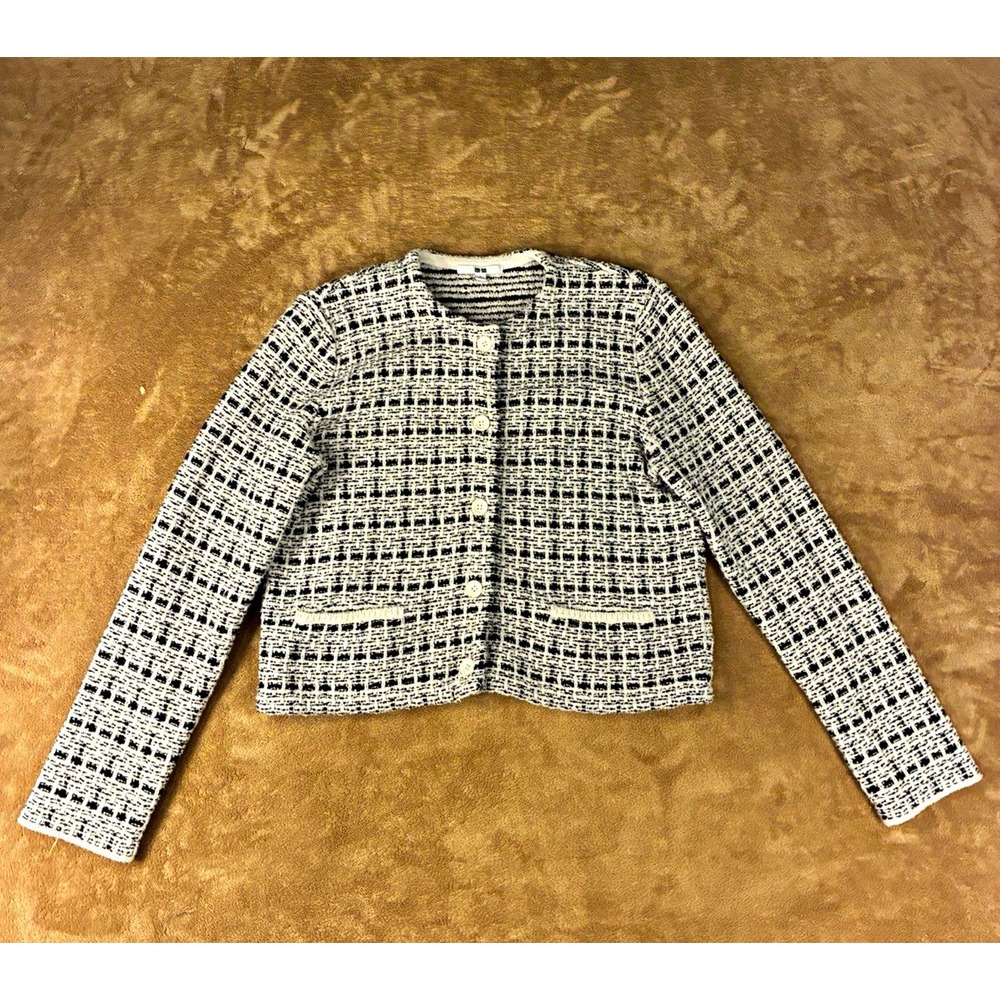 Uniqlo Womens Jacket L Black White Check Tweed Texture Button Front Preppy Cozy